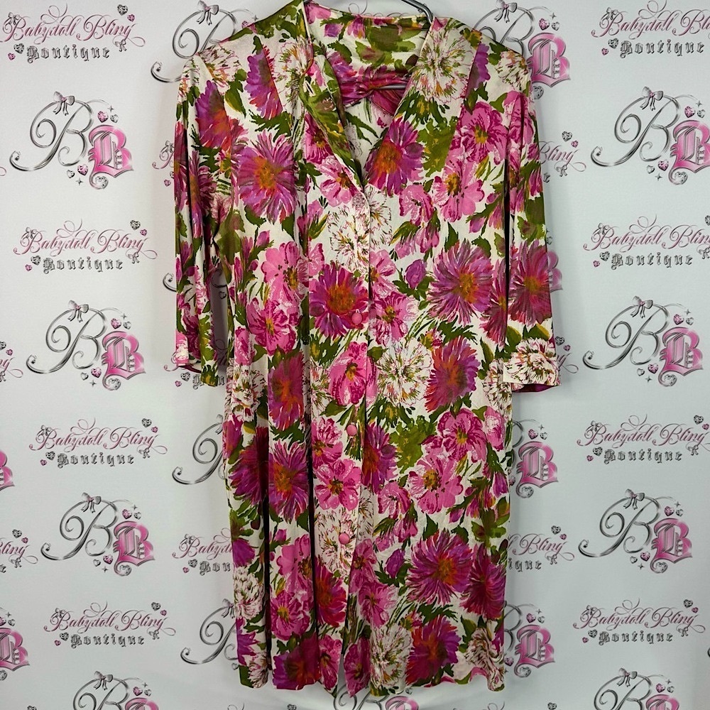 Dress vintage button up Floral Pink and Green Dress flowers